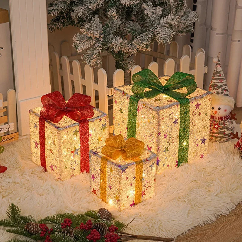 Lighted Christmas Gift Boxes Set of 3 with Remote & Bow Decor - Indoor Outdoor Holiday Decor