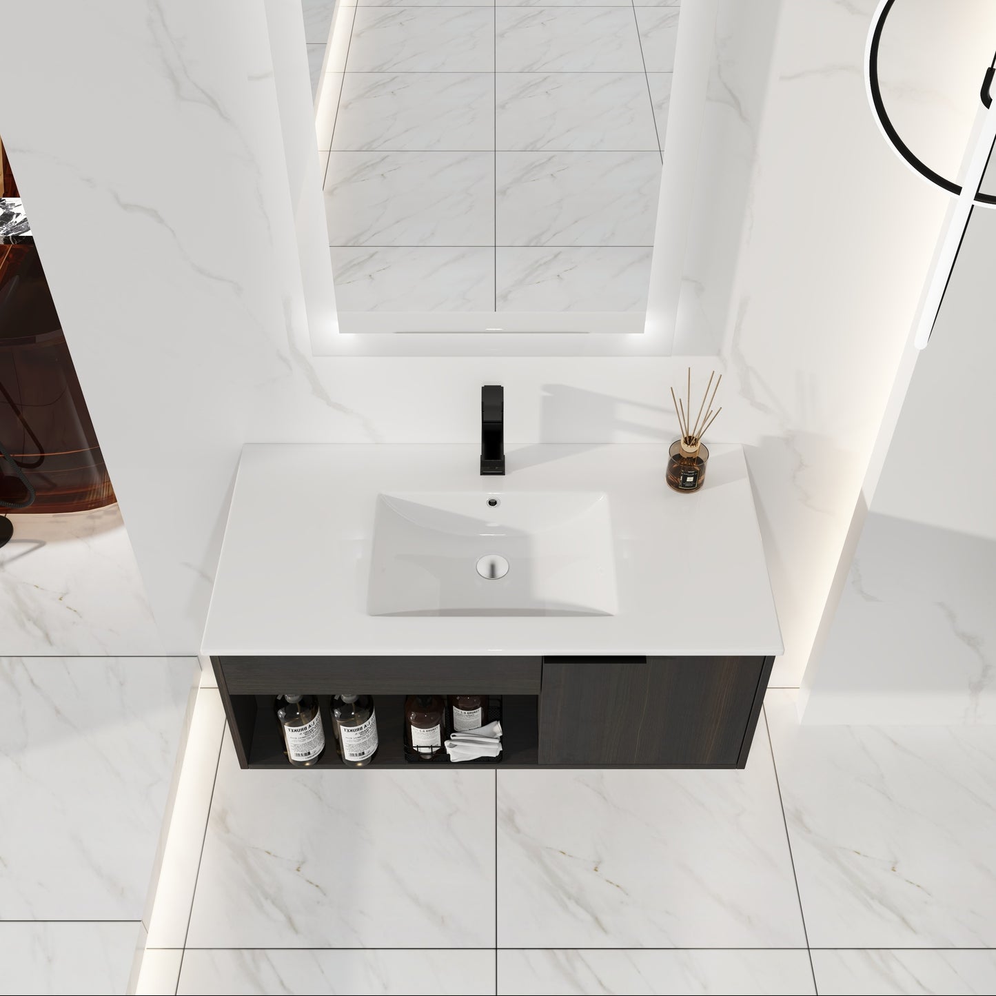 36" Wall-Mounted Bathroom Vanity with Ceramic Sink - Dark Oak