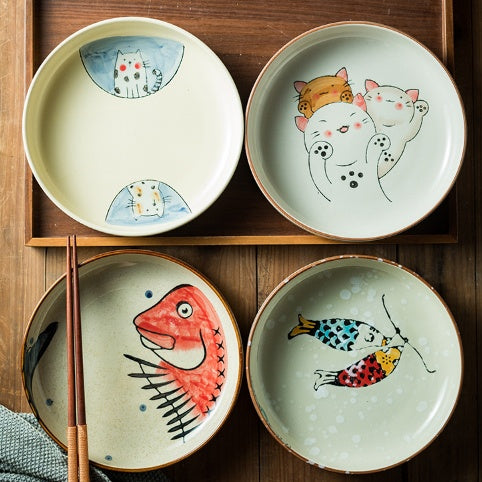Ceramic Cat Plate Set - Deep Round Dinnerware for Home & Gift
