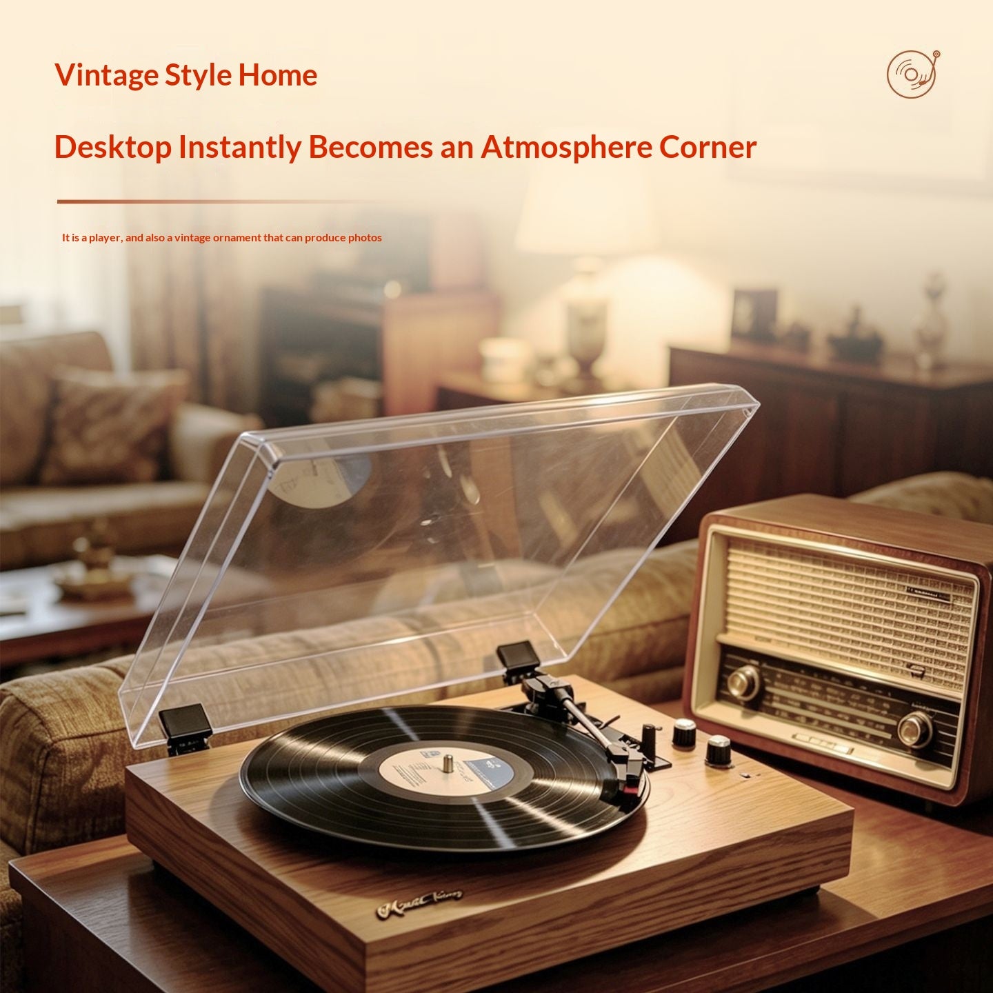 Vinyl Record Player with Bluetooth & Dual Speakers - Desktop Acrylic Dust Cover