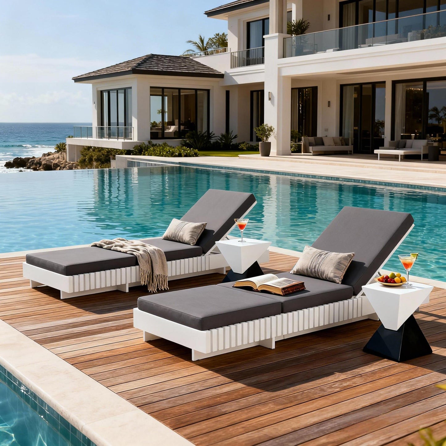 Outdoor Chaise Lounge - White Acacia Wood with Dark Grey Cushion