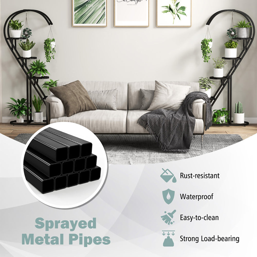 5-Tier Metal Plant Stand with Hanging Hooks - Indoor Outdoor Garden Display