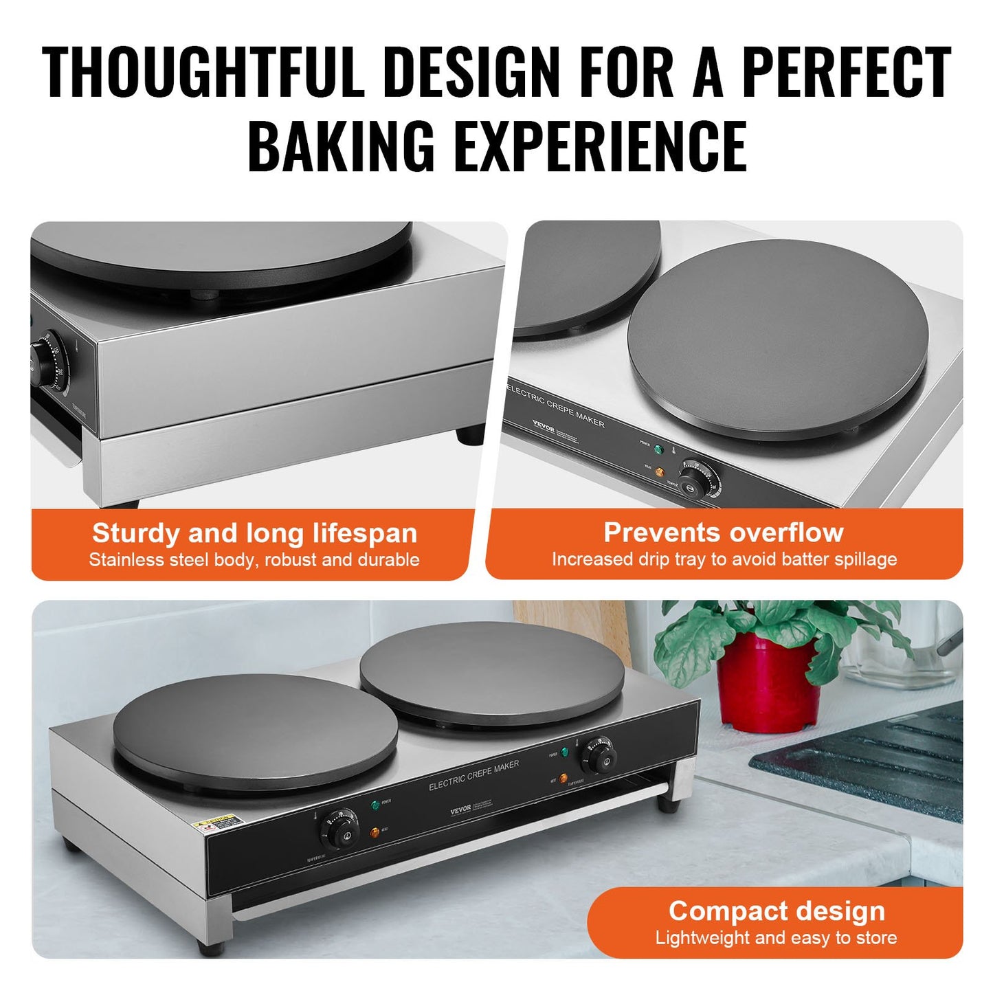 16-Inch Electric Crepe Maker Commercial Double Head 3400W Kitchen Appliance