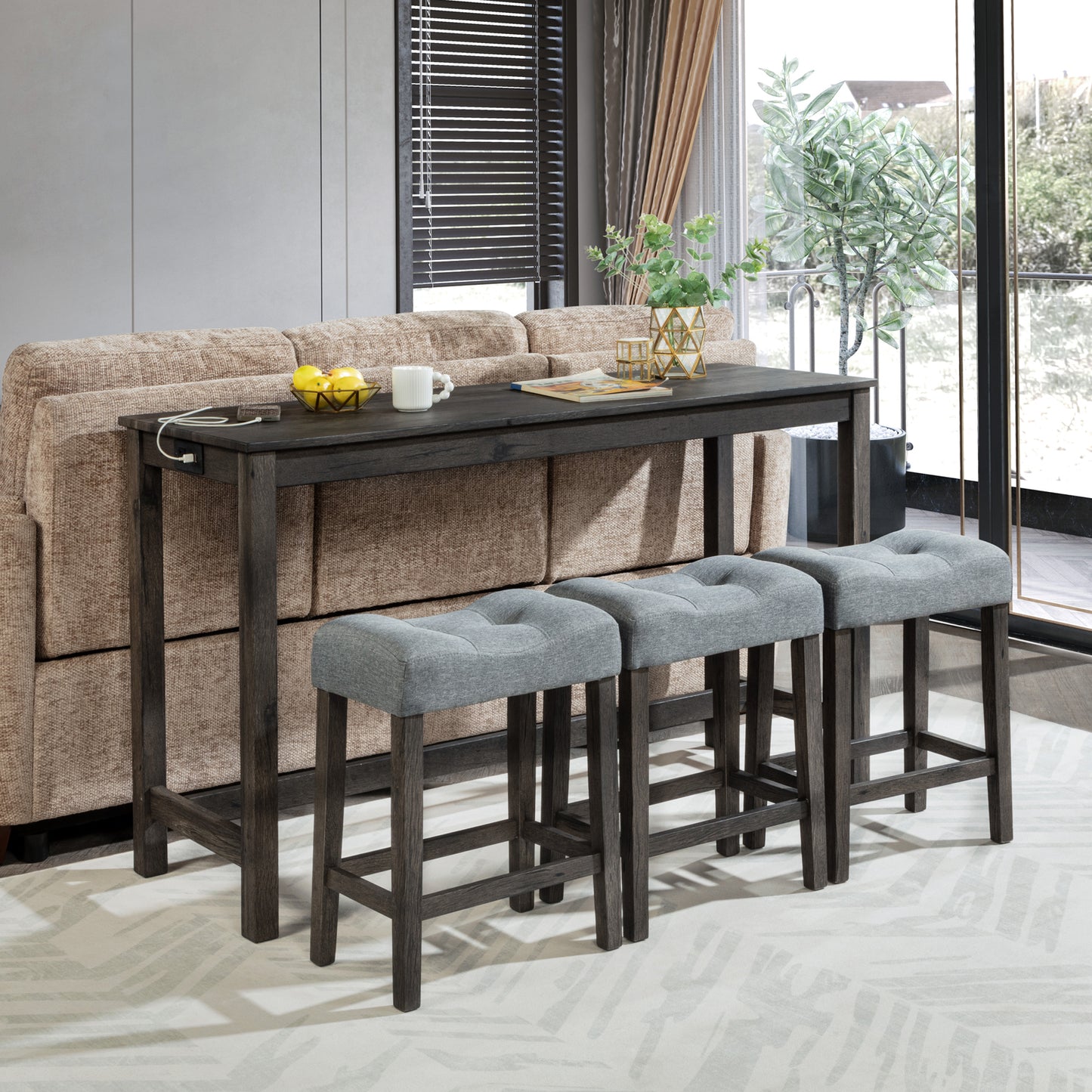 Bar Table Set with Power Outlet & 3 Padded Stools - Dark Gray