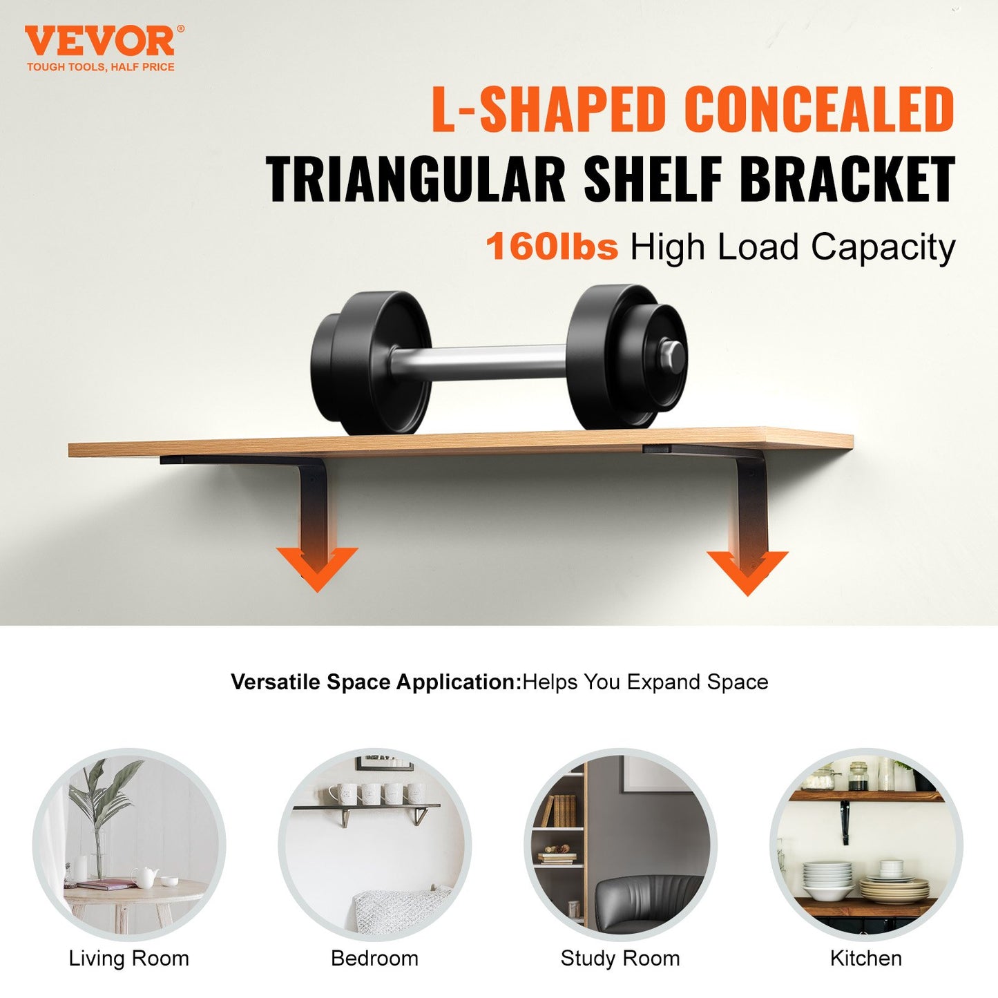 Heavy Duty Floating Shelf Brackets - 10 x 6 Inch, 160 lbs Capacity, 4 Pcs - Matte Black