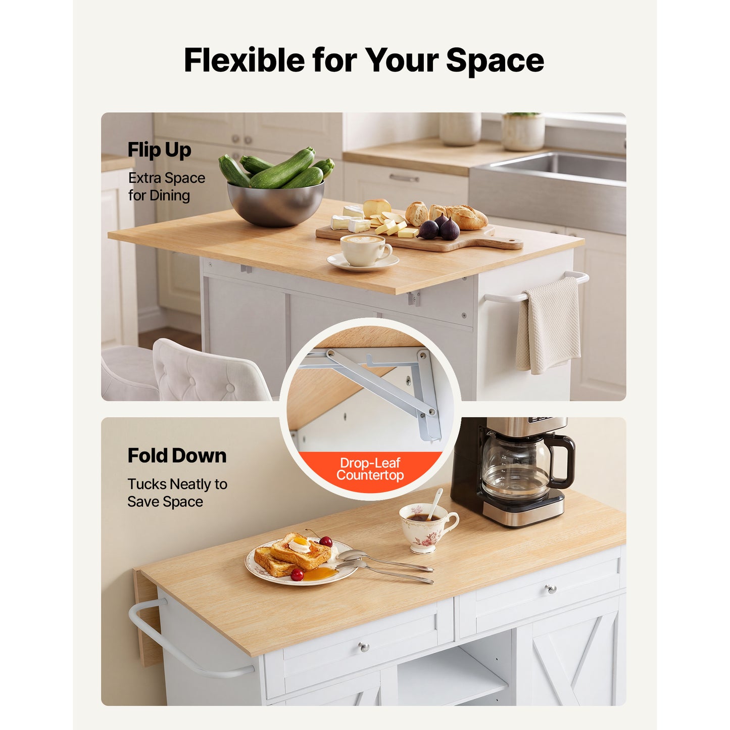 Kitchen Island Cart with Storage and Drop Leaf - Mobile White Utility Table with Drawers and Towel Rack