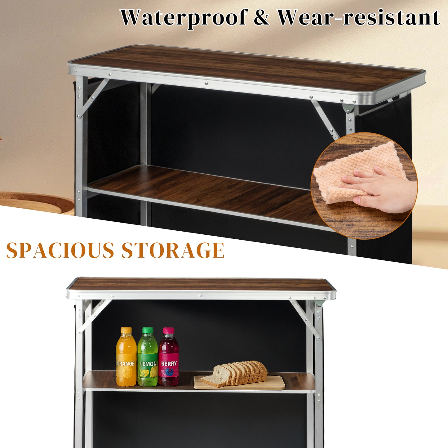 Portable Folding Bar Table with Storage Shelf & Carry Bag - Brown