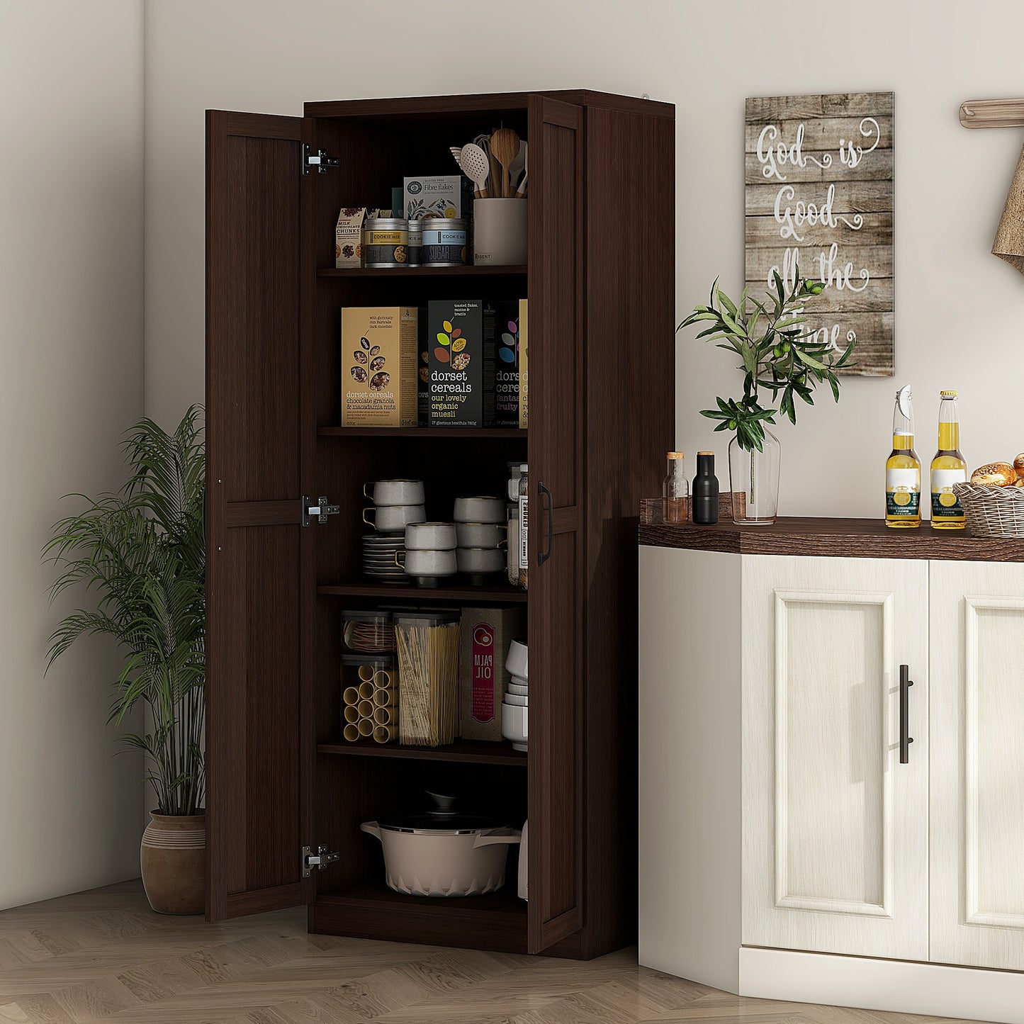 63" Freestanding Kitchen Pantry with Adjustable Shelves - Cinnamon Cherry