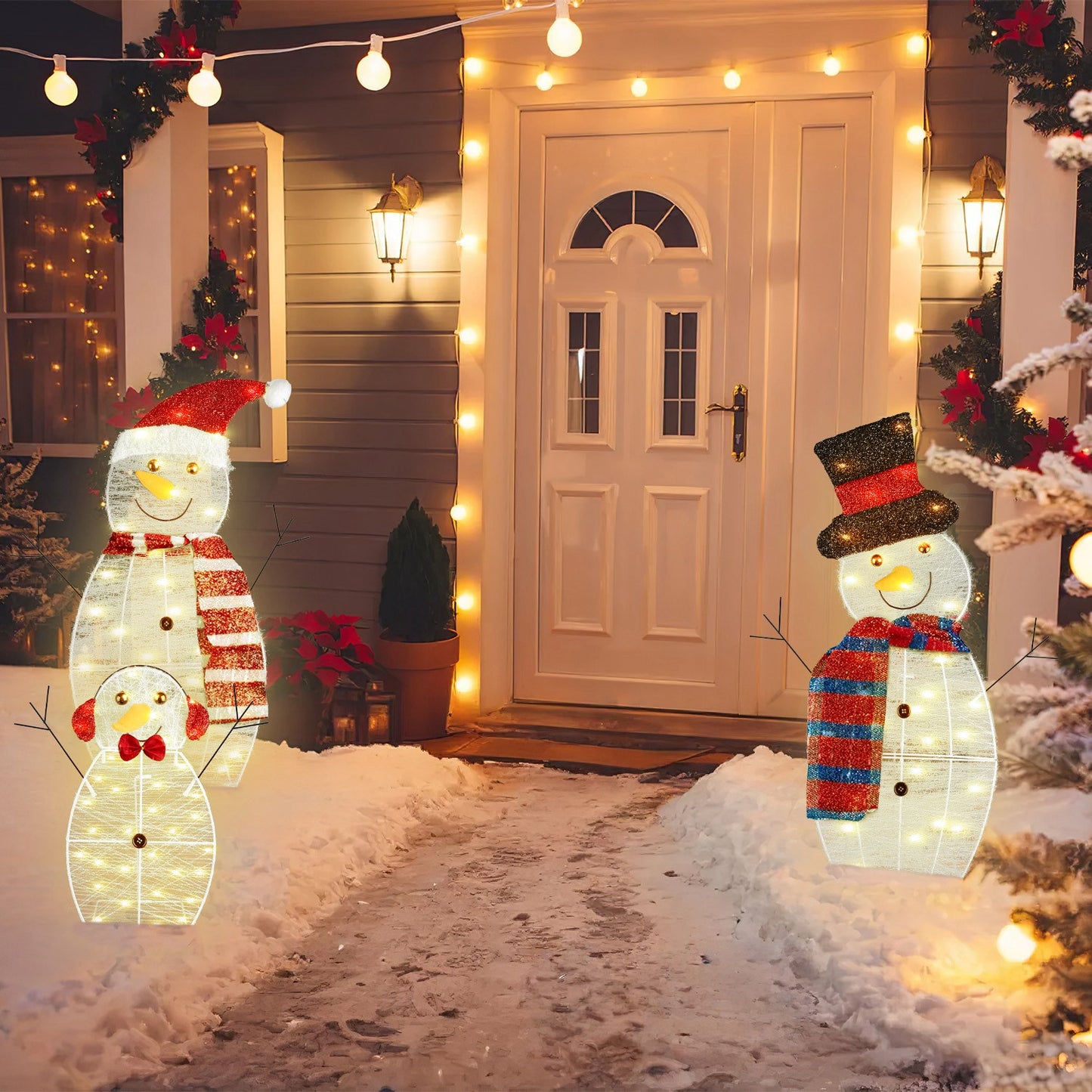 3Pcs Christmas Snowman Family Yard Decoration with LED Lights