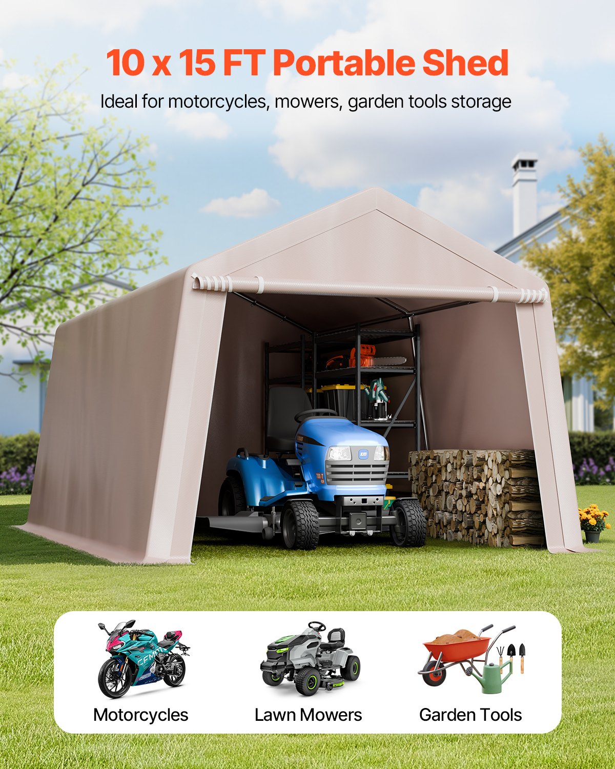 10x15 Ft Waterproof Outdoor Storage Shelter with Metal Frame and Canopy