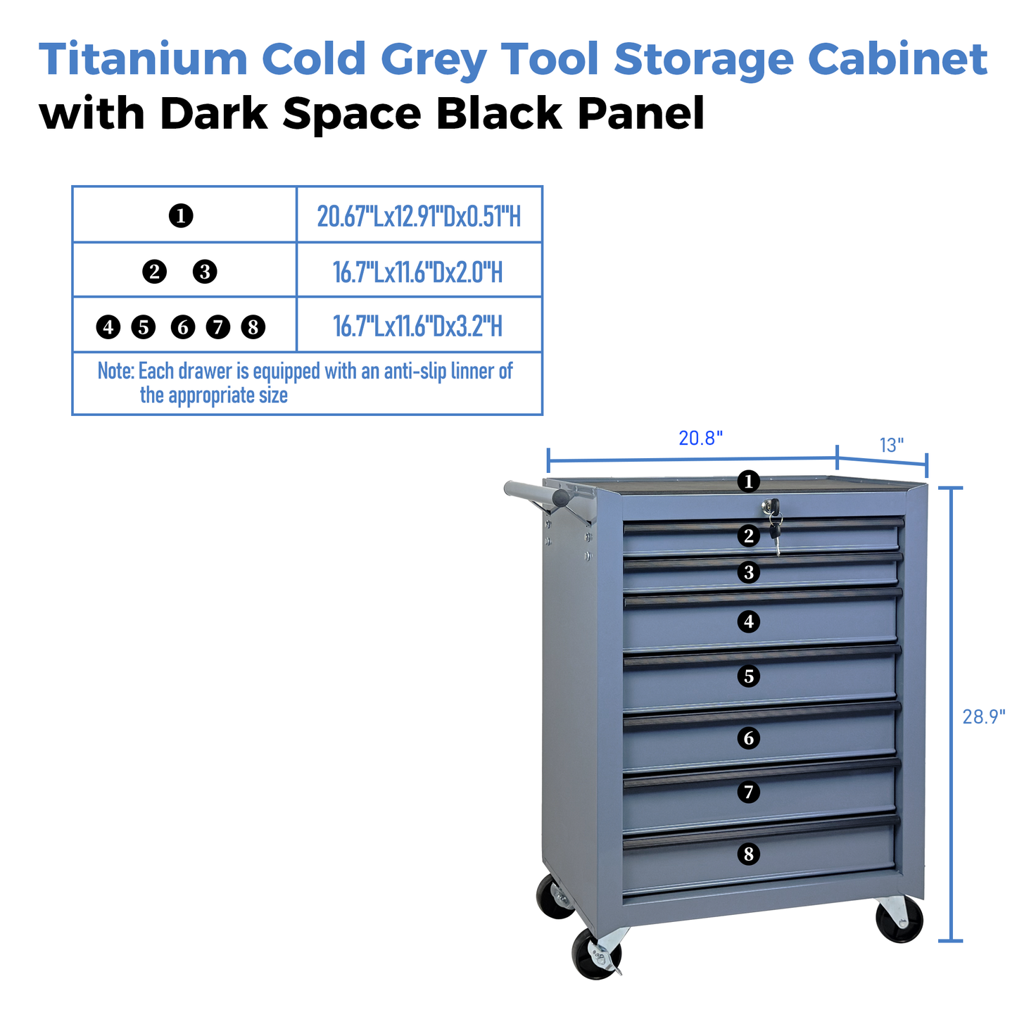 7-Drawer Rolling Tool Storage Cabinet with Detachable Top Box - Steel Garage Cart, Lockable Wheels, Adjustable Shelf, Titanium Cold Grey