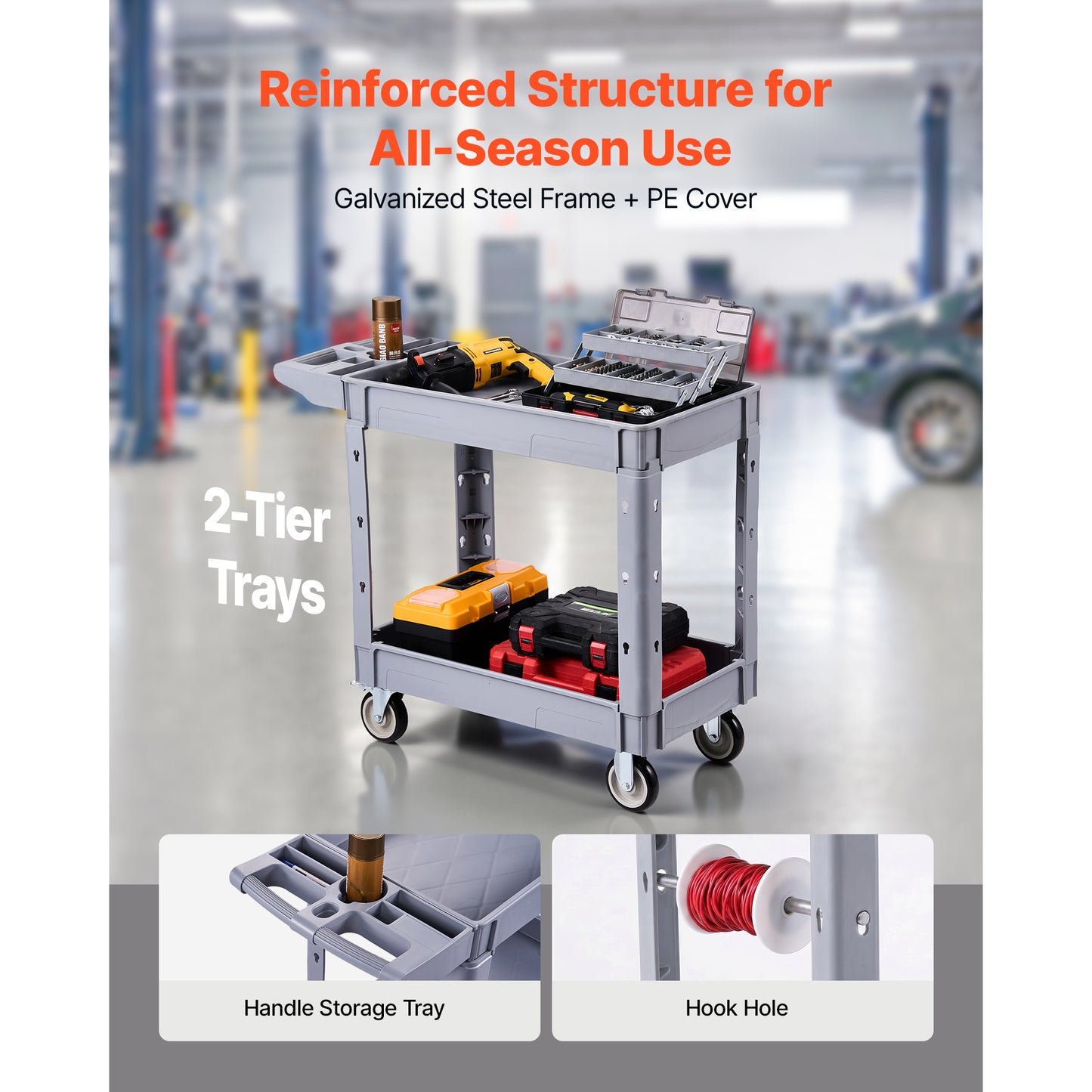 Heavy Duty Utility Cart 550 Lb Capacity 2-Tier Garage & Warehouse Service Cart