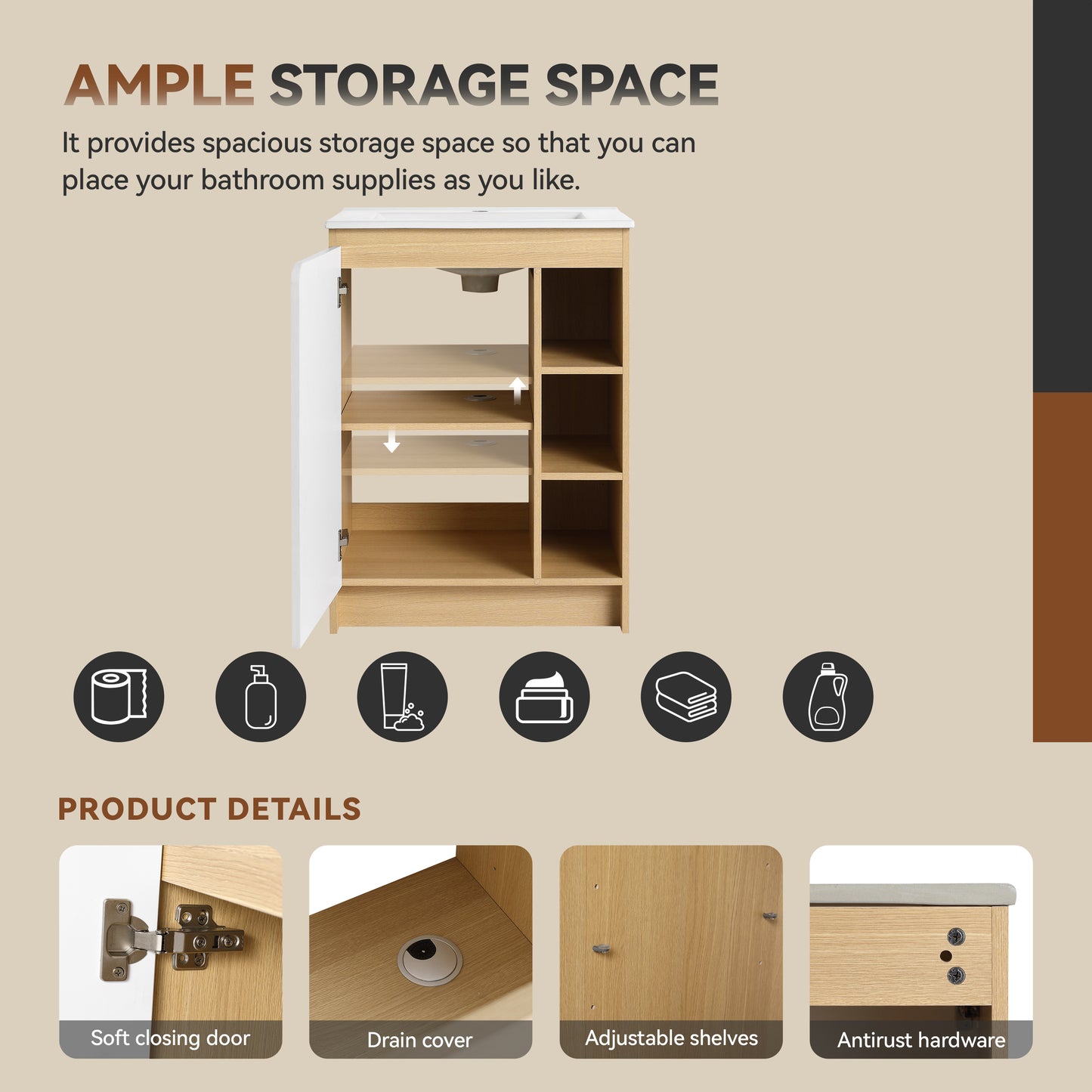 24" Light Oak Bathroom Vanity with Ceramic Sink & Open Shelves