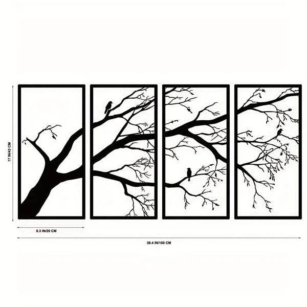 Minimalist Aluminum Dead Branch & Bird Wall Art - 4-Piece Set