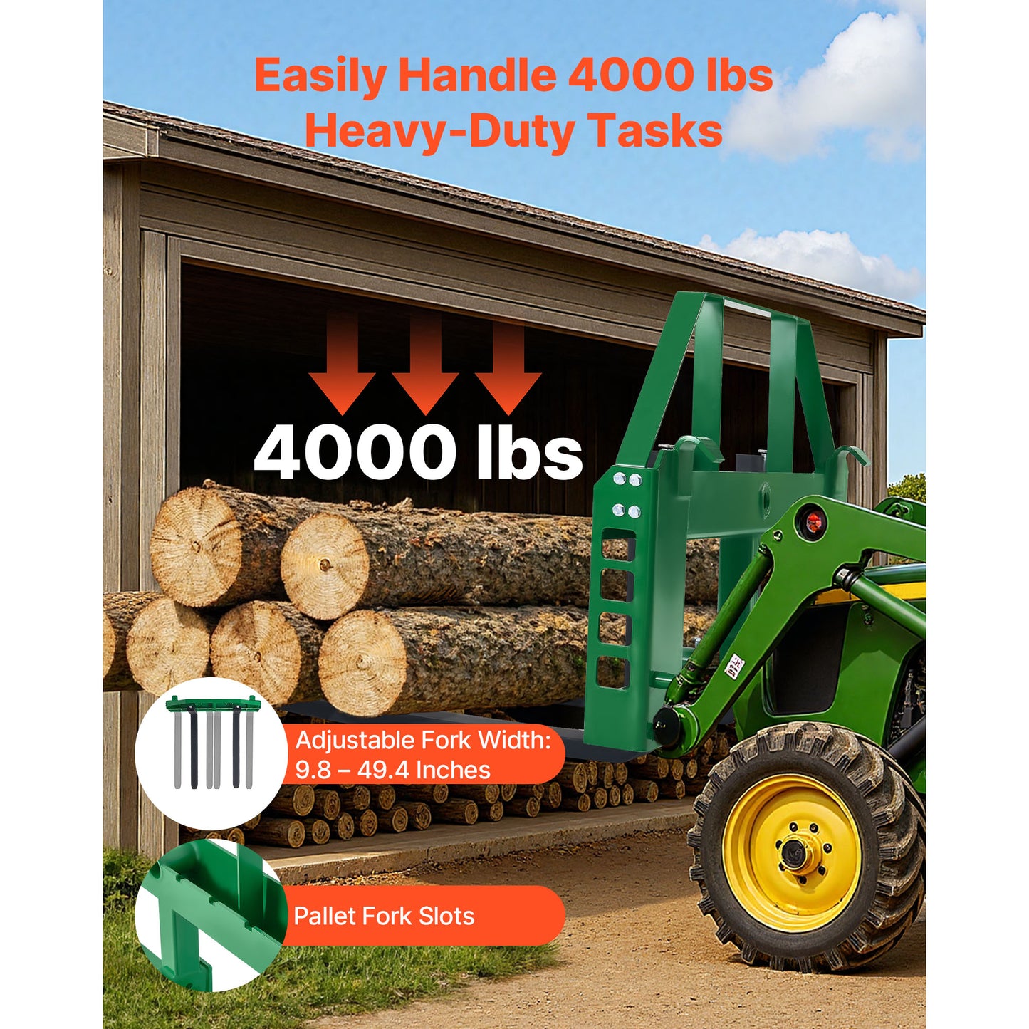 Pallet Fork Frame Attachment with 36-Inch Skid Steer Forks for Tractors