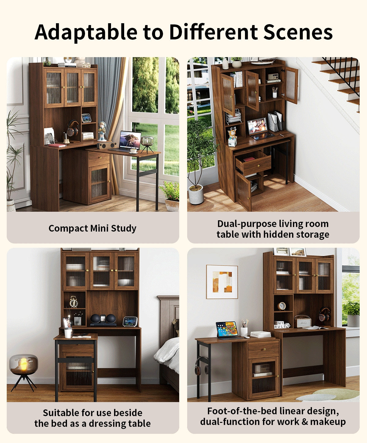 Computer Desk with Rotating Top & Glass Door - Walnut