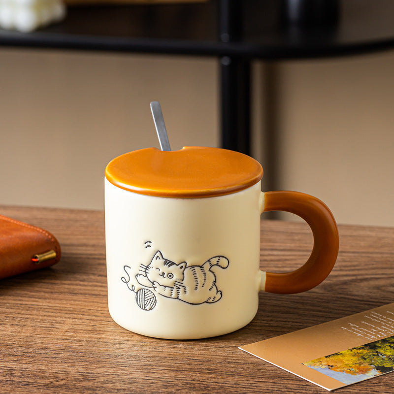 Cute Hand Painted Ceramic Cat Mug with Lid and Spoon - 380ml