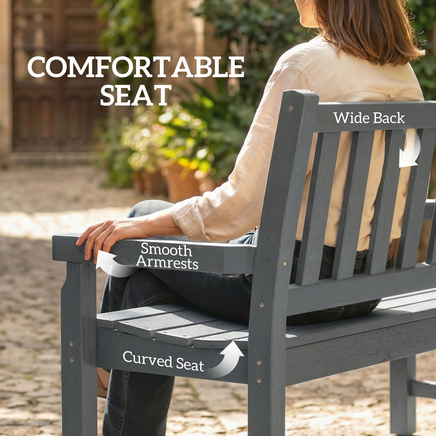 HDPE Outdoor Bench - 2-Person Curved Seat, 530 lbs Capacity, Gray