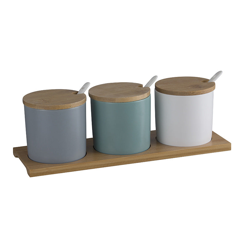 Three-Piece Ceramic Seasoning Jar Set with Lid - Kitchen & Dining