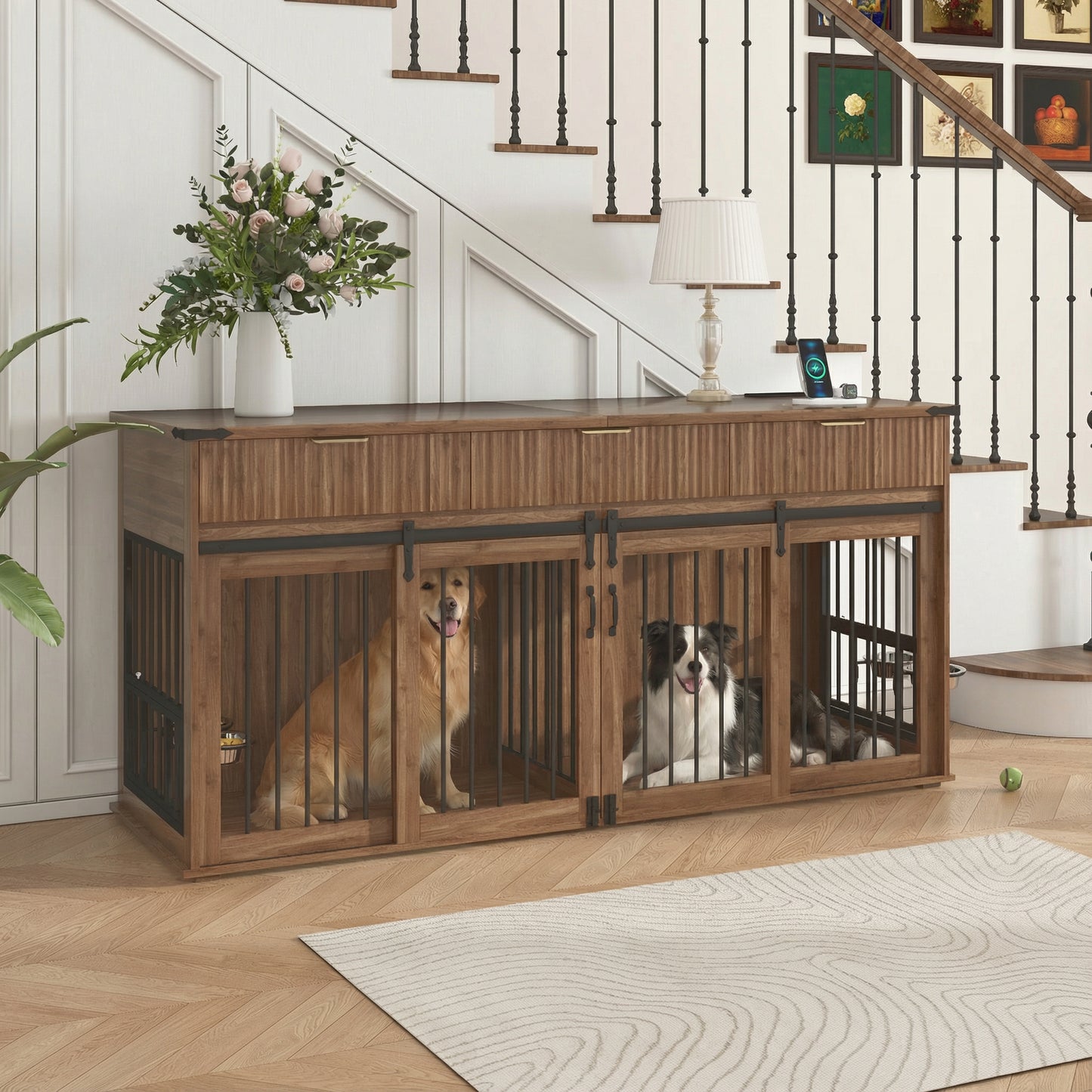 71 Furniture Style Double Dog Crate With 3 Fluted Drawers And