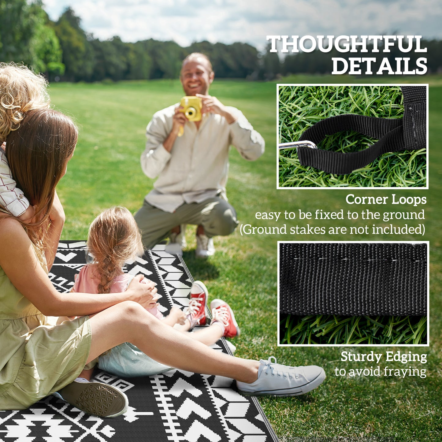 Reversible Outdoor Rug - Waterproof Plastic Straw, 8' x 10', Black & White Patchwork