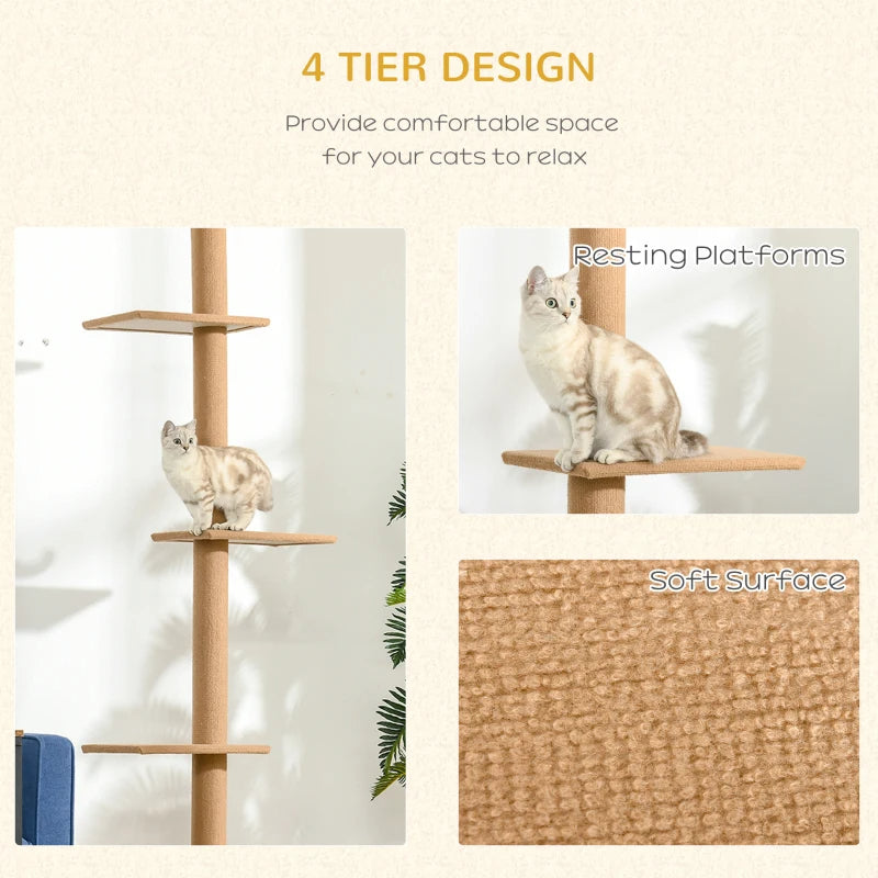 Adjustable Floor-to-Ceiling Cat Tree Tower - 8.5 Feet Tall with Scratching Posts, Soft Carpet, Brown