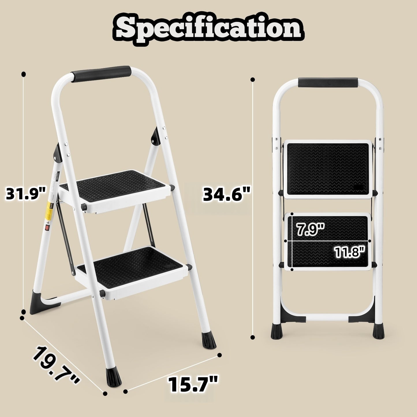 2 Step Ladder, Folding Stool With Anti-Slip And Wide Pedal,