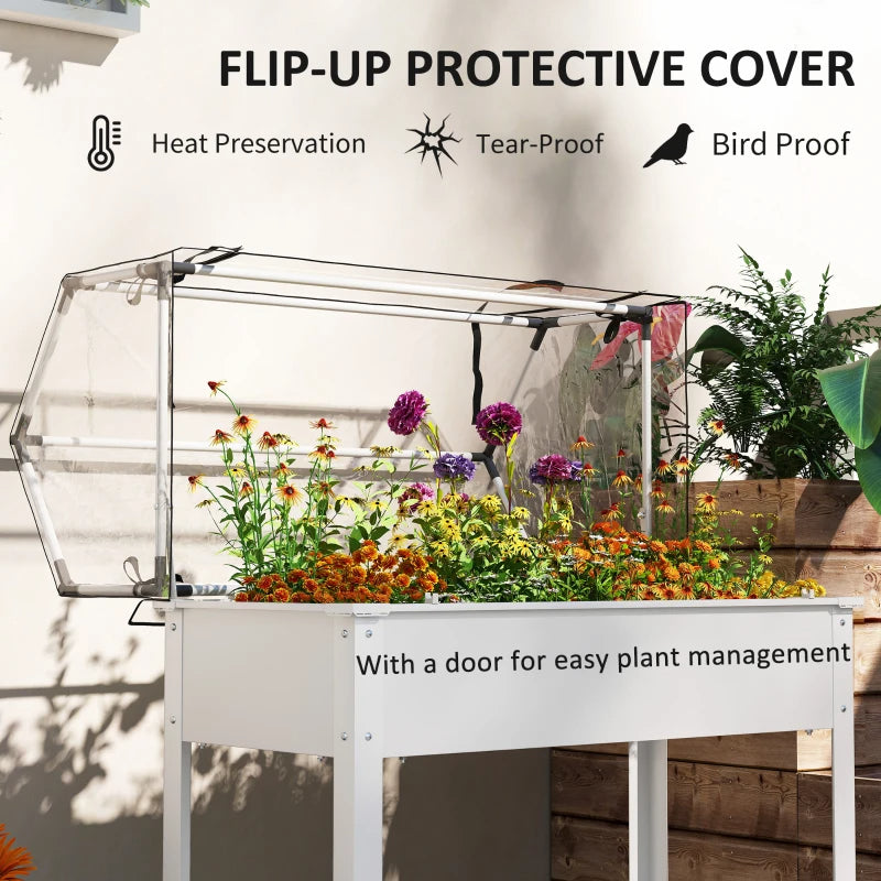 Elevated Garden Bed with Greenhouse Cover - White Raised Planter with Drainage