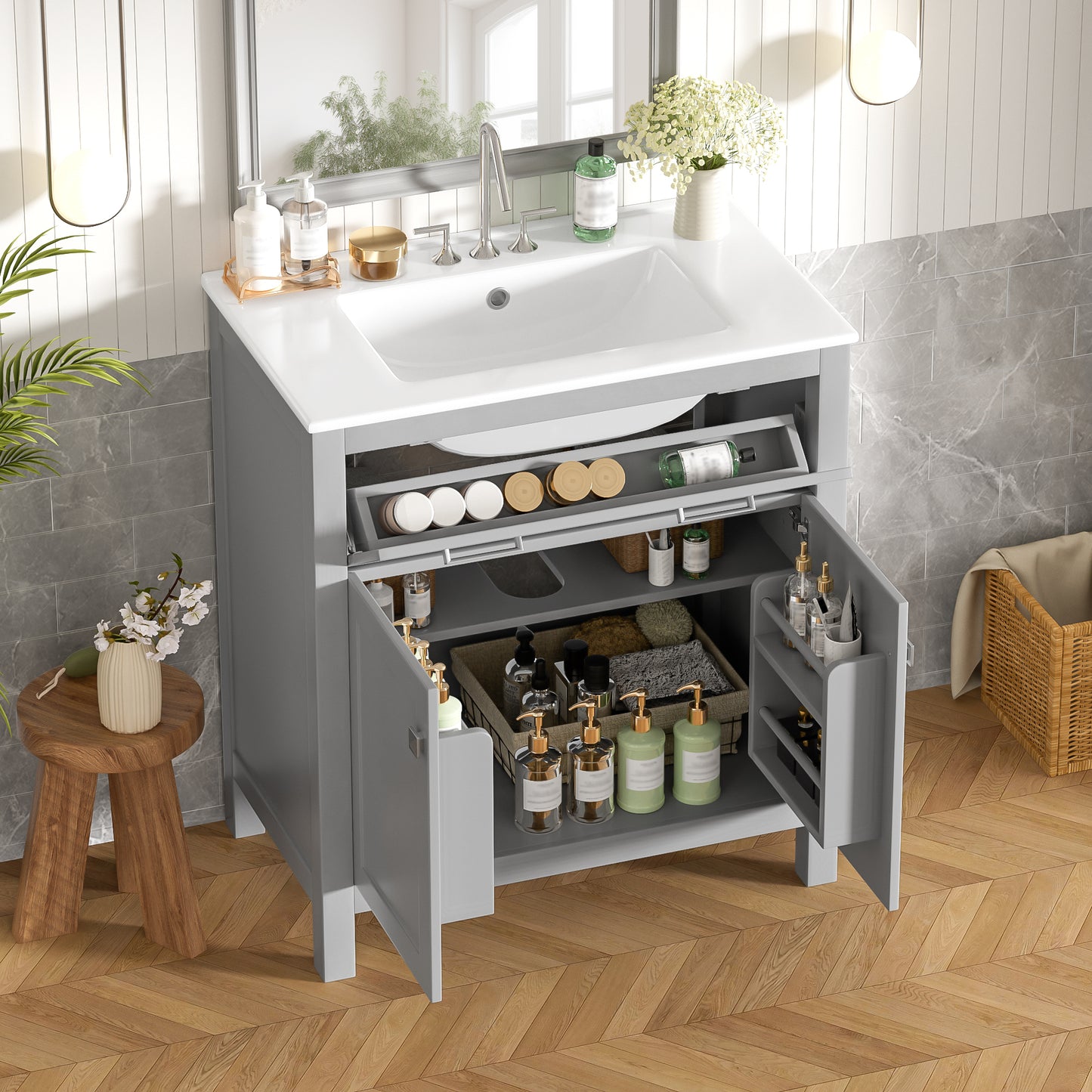 30" Gray Bathroom Vanity with Ceramic Sink & Soft Close Doors