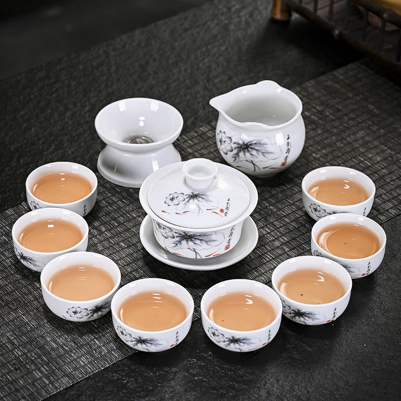 Porcelain Chinese Style Tea Set with Tea Tray - White Ceramic Tableware
