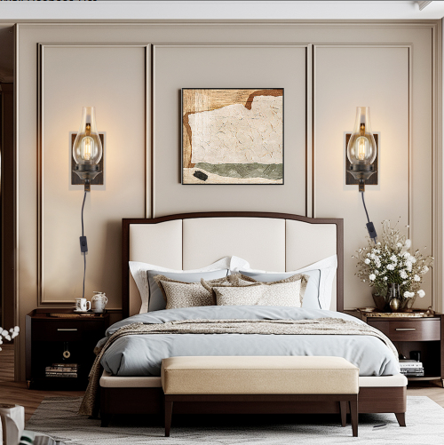 Rustic Farmhouse Plug-in Wall Sconces Set of 2 Black and Gold Industrial Wall Lights