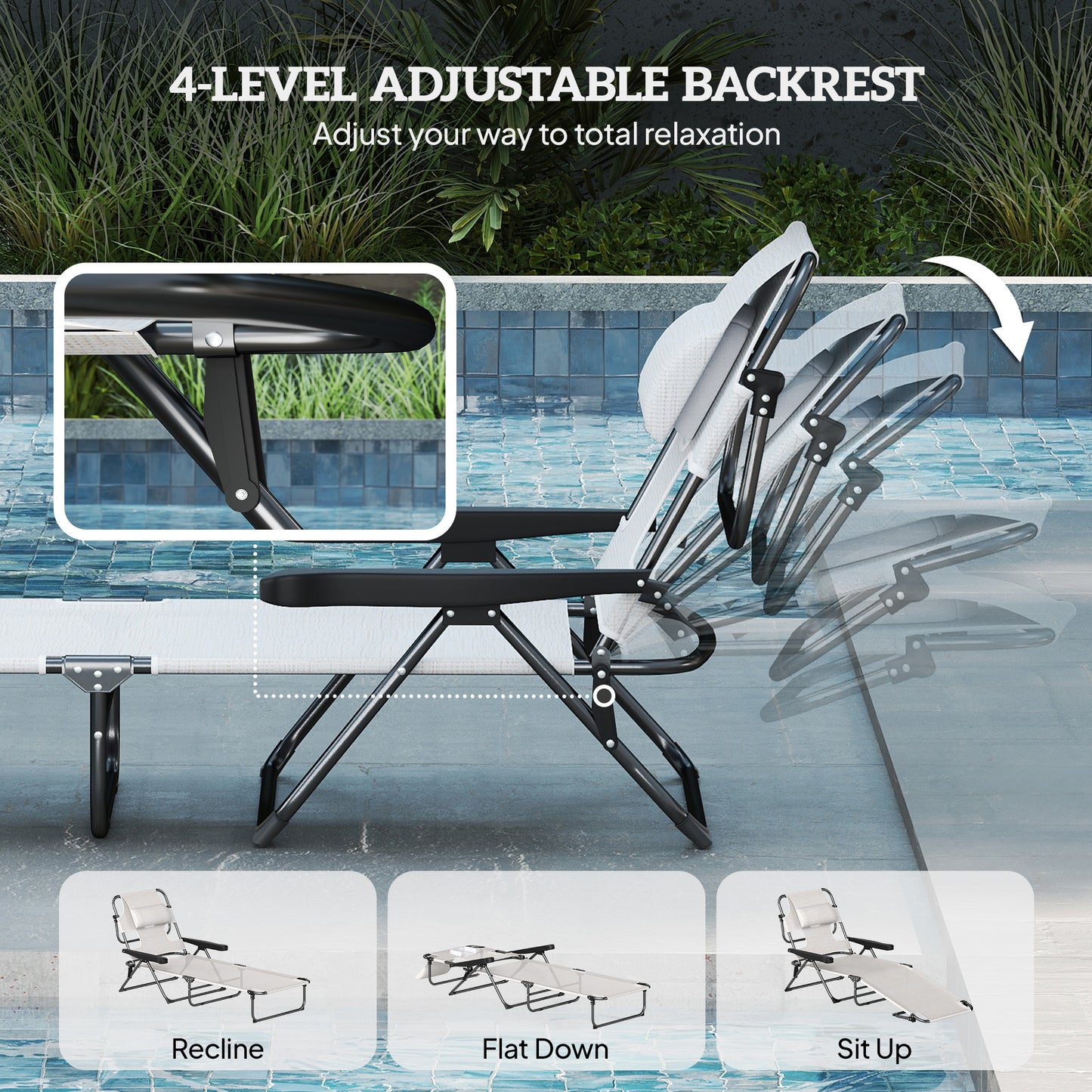 Folding Lounge Chair with Reclining Back - Cream White