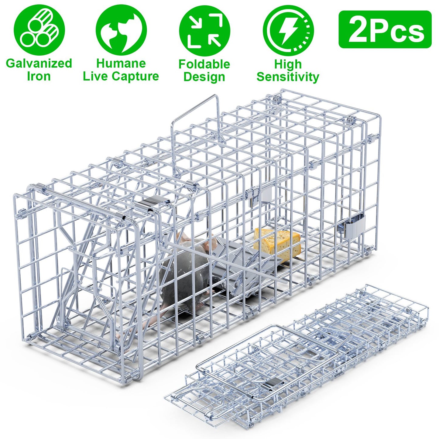 2-Pack Humane Live Rodent Trap Cage with Detachable L-Shaped Rod - Garden & Pest Control