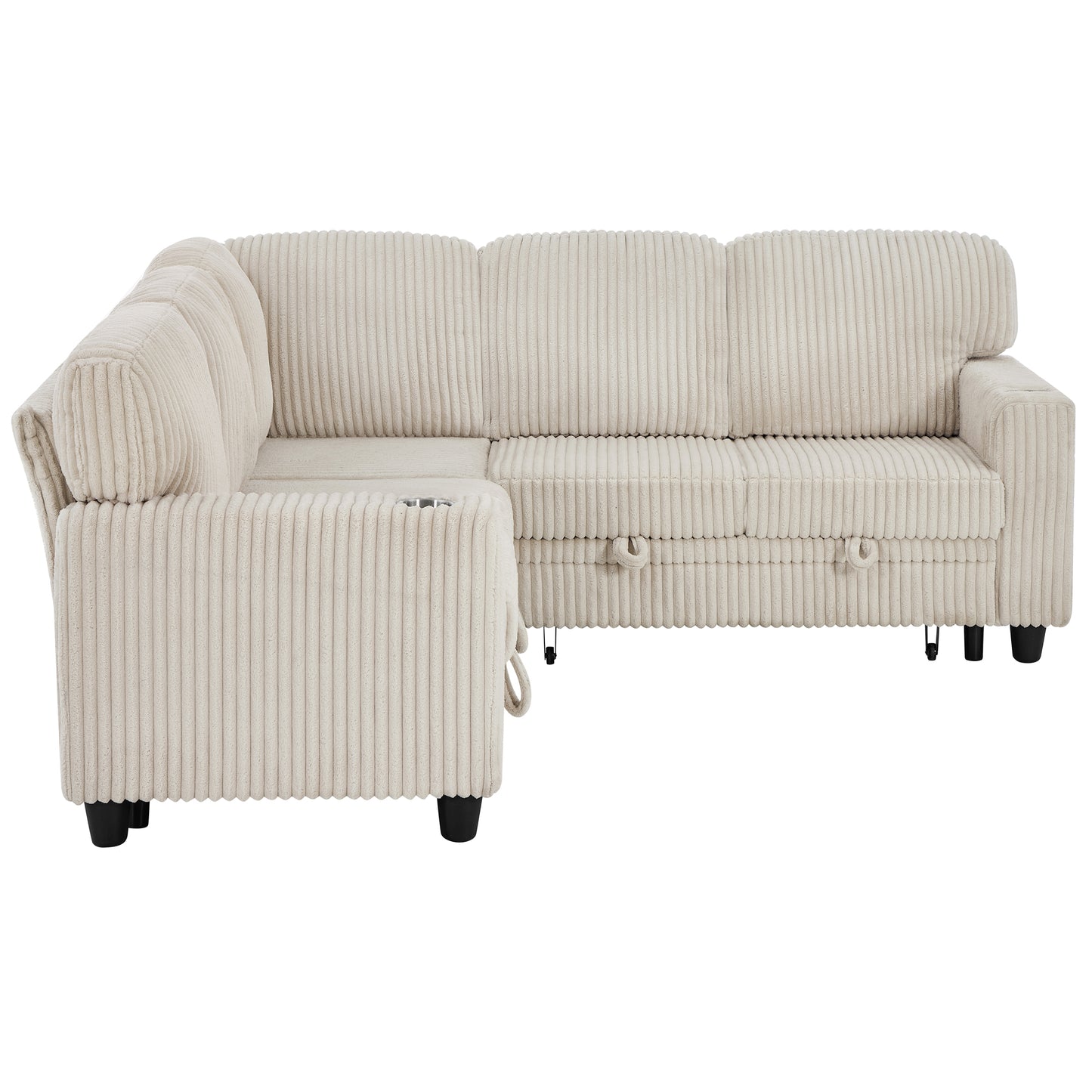 L-Shaped Sectional Sofa Bed with USB Charging & Storage - Beige
