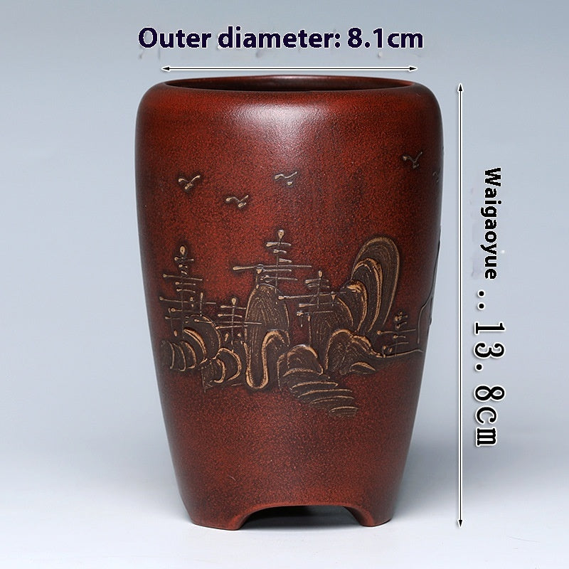 Purple Clay Flowerpot with Chinese Style Design Small Round & Square Options