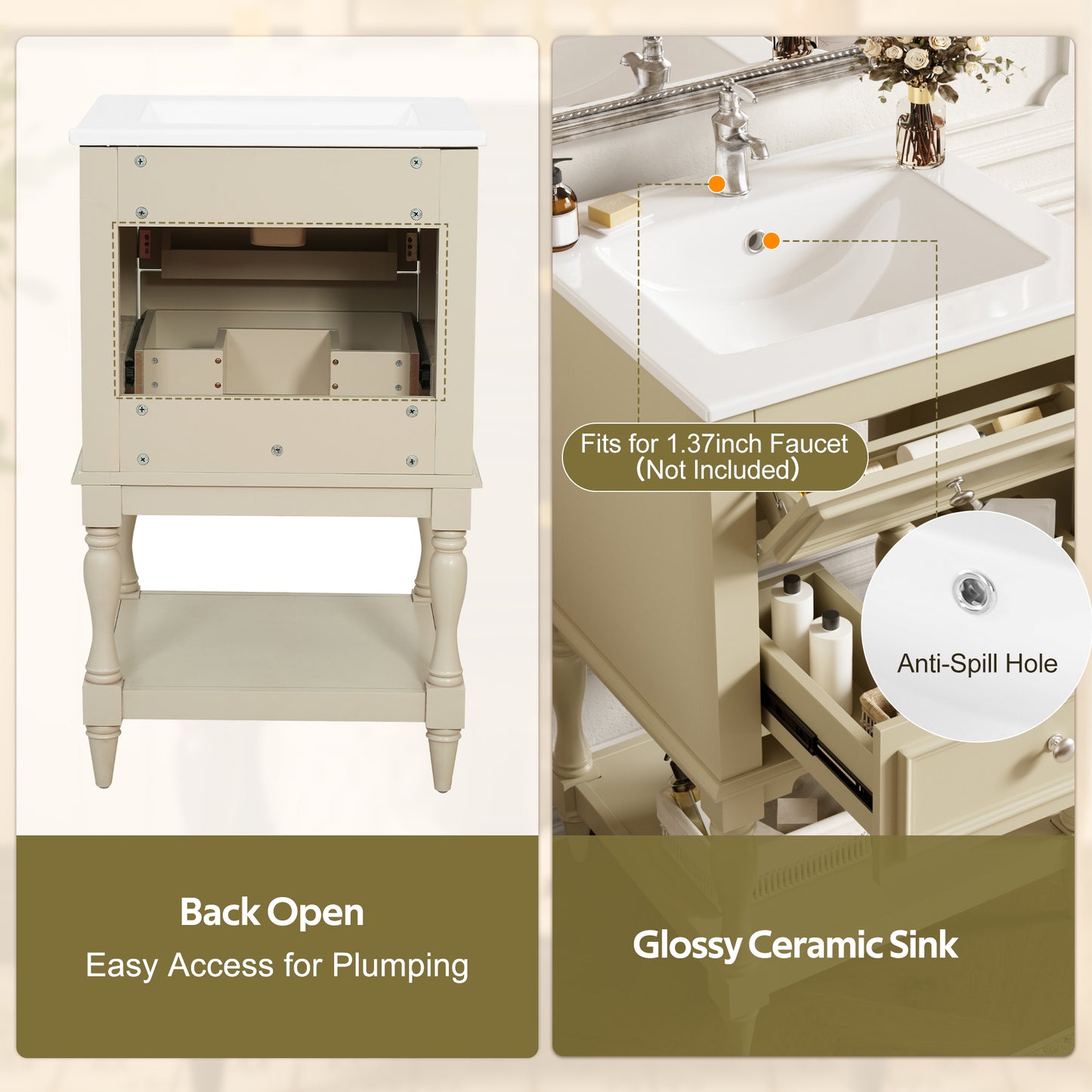 20'' Beige Bathroom Vanity with Ceramic Sink & 2 Drawers