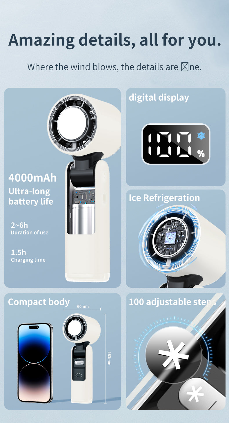 Rechargeable Handheld Fan with LED Display, Foldable Personal Cooling Device