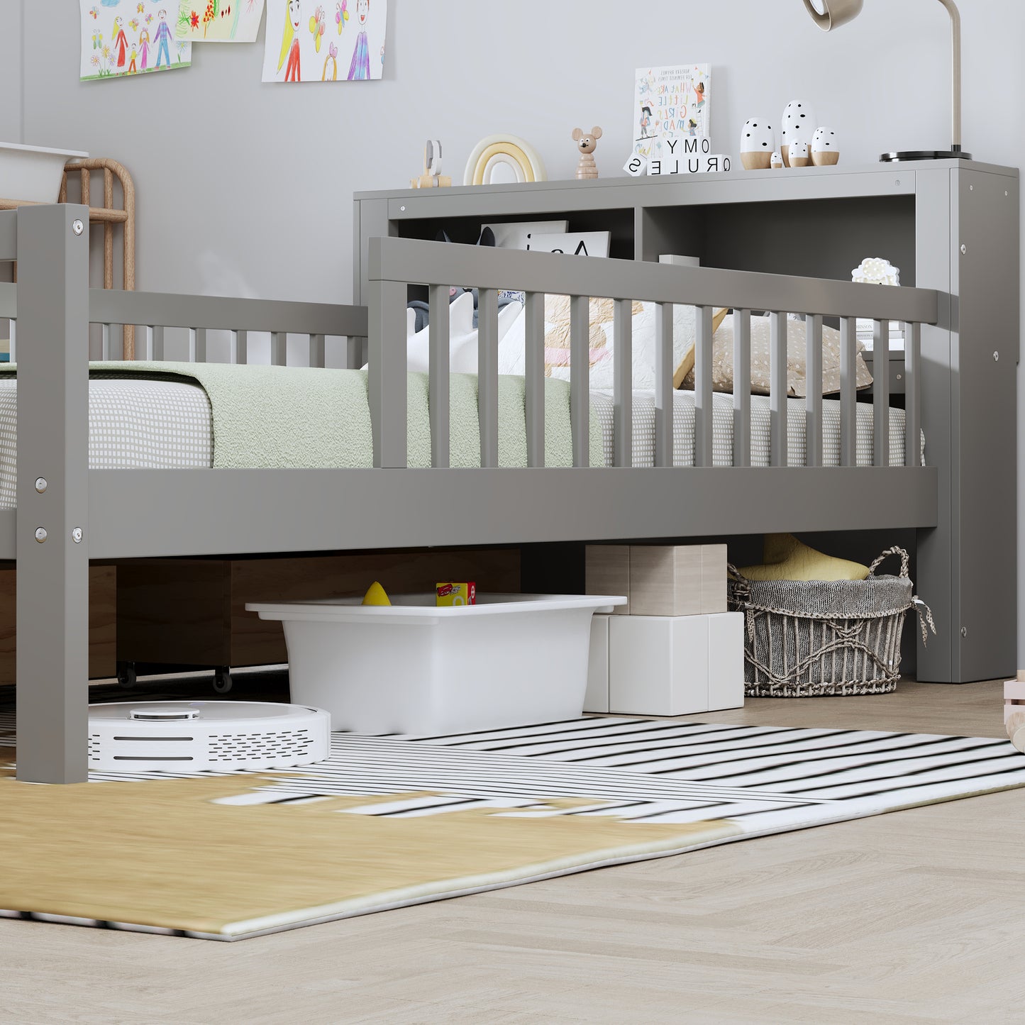 Twin Size Bed With Headboard Storage Rack, Two Under-Bed Drawers,