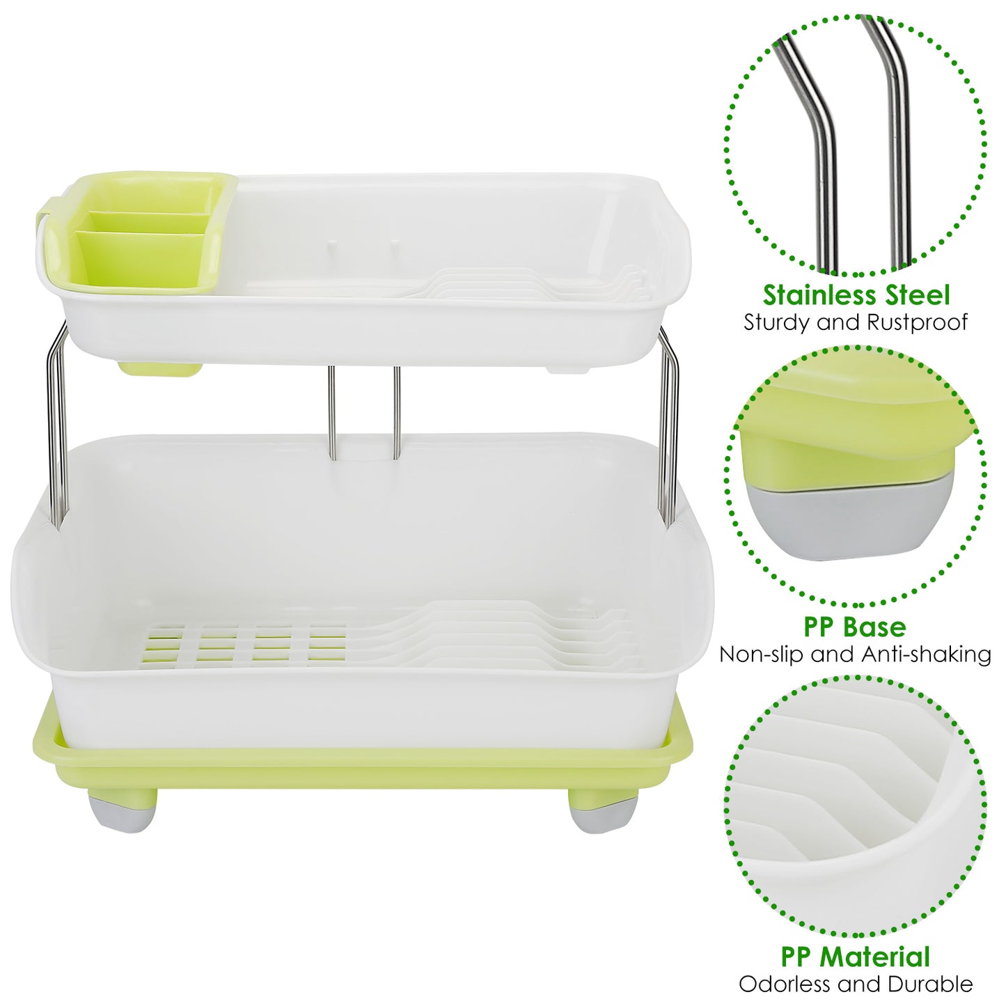 2-Tier Dish Drying Rack and Cutlery Drainer - Green & White