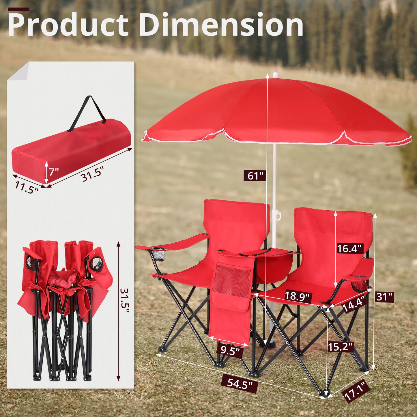 Folding Double Camping Chair with Removable Umbrella & Cup Holders - Red