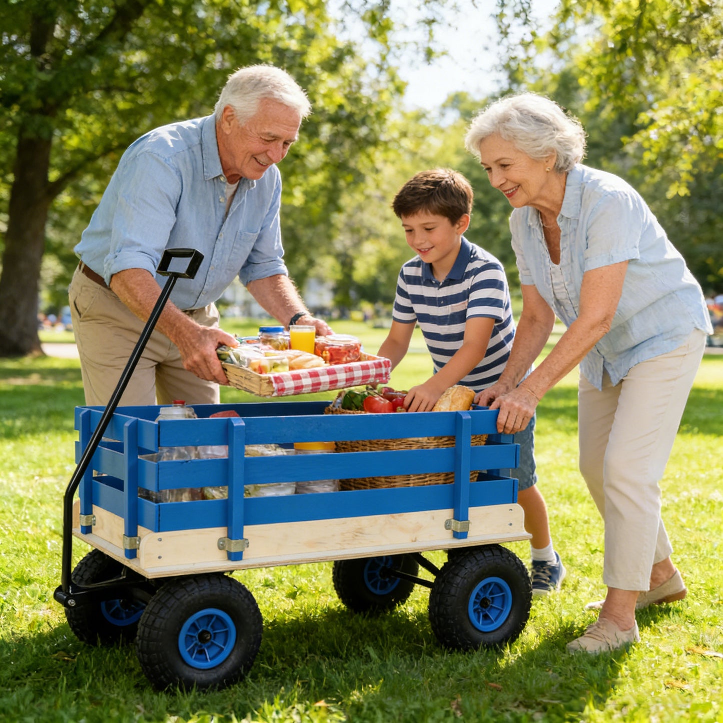 Blue Wooden Kids Pull Wagon with Removable Side Rails & All-Terrain Wheels