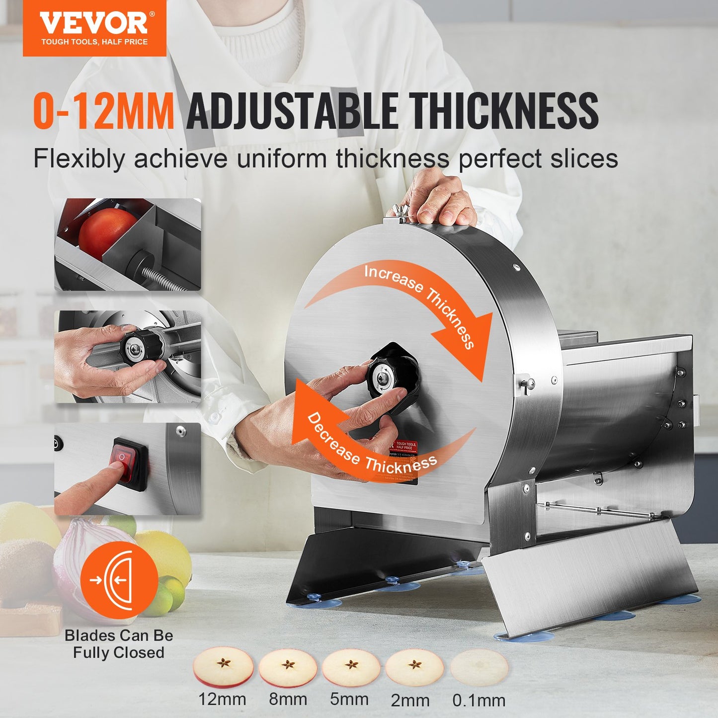 Electric Vegetable Slicer with Adjustable Thickness - Stainless Steel Food Cutter Machine for Potato, Tomato, Lemon, Apple - Silver