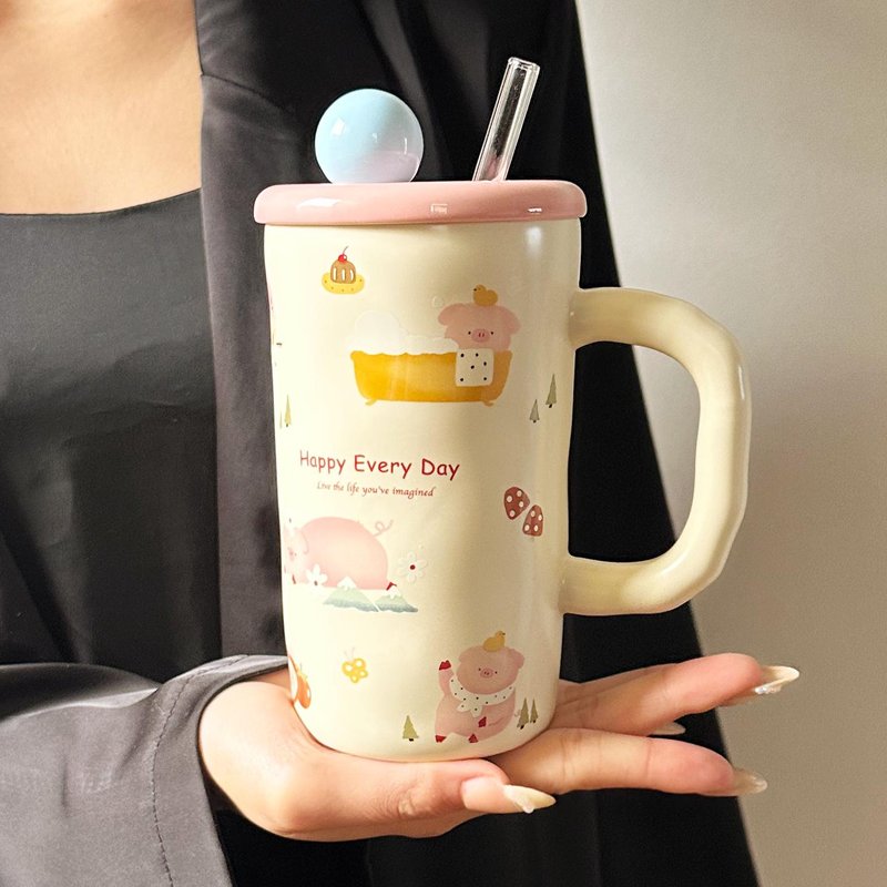 Ceramic Drinking Cup with Lid - Cartoon Style, 500ml Capacity, Multiple Variants