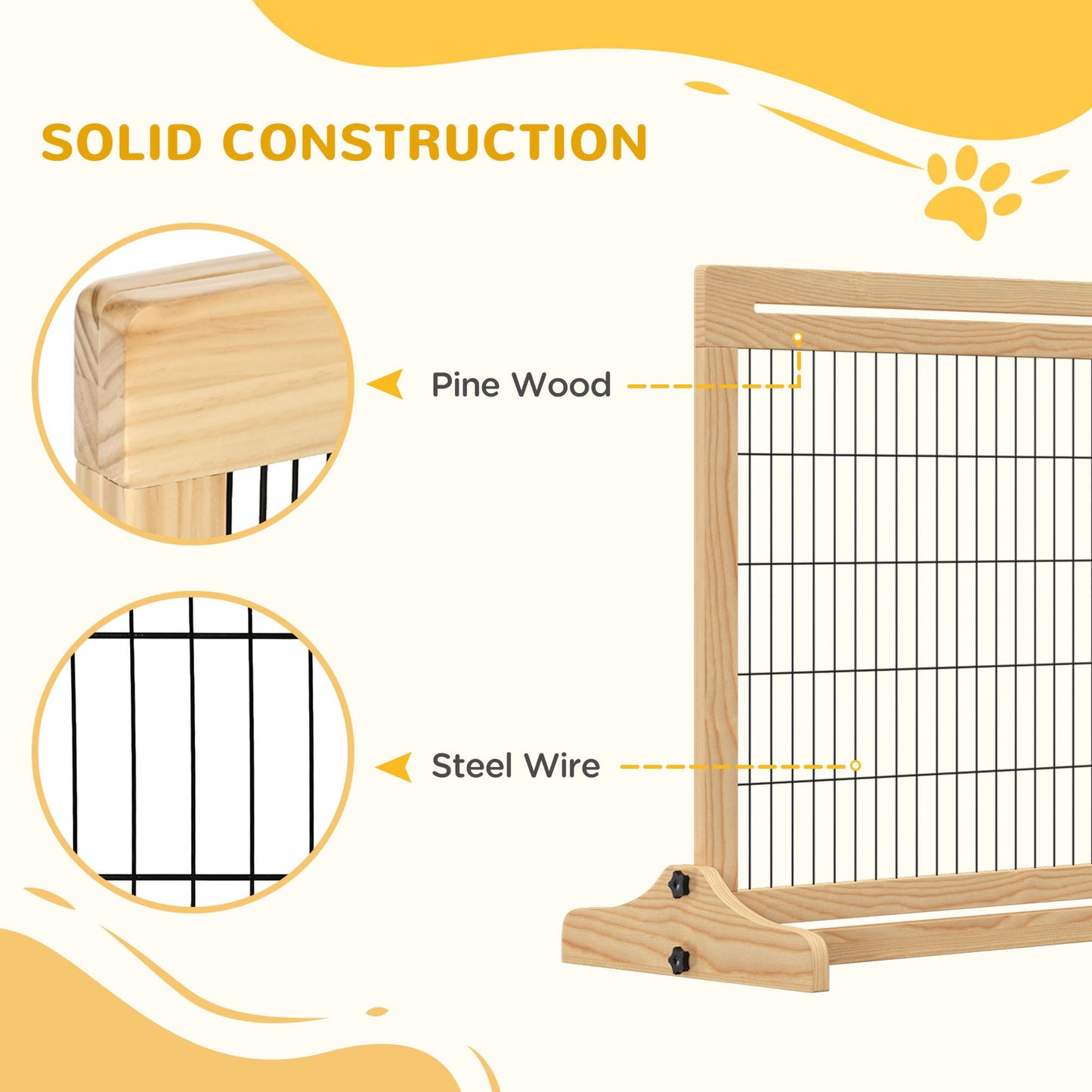 Extra Wide Freestanding Pet Gate for Dogs and Cats, Adjustable Wooden Barrier
