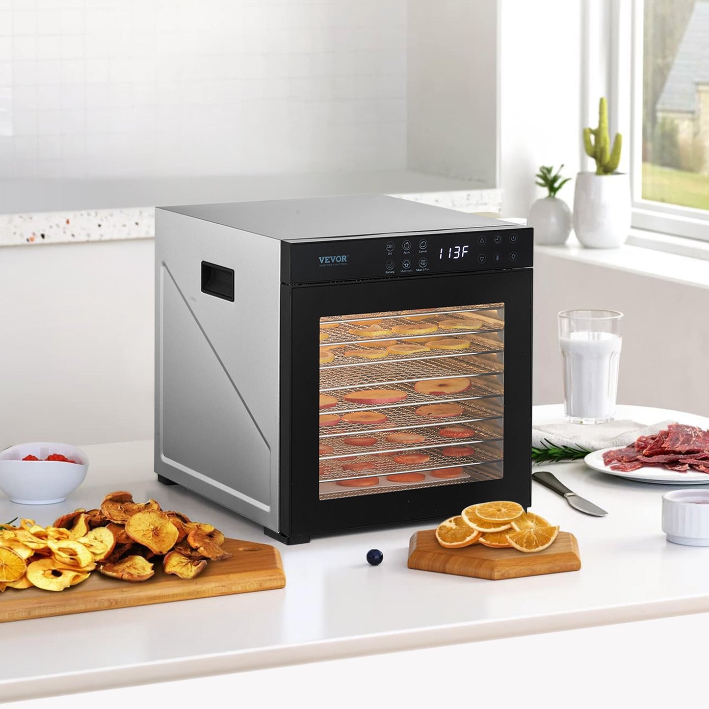 Food Dehydrator Machine 10 Trays Stainless Steel Digital Timer 1000W for Jerky Fruits Vegetables