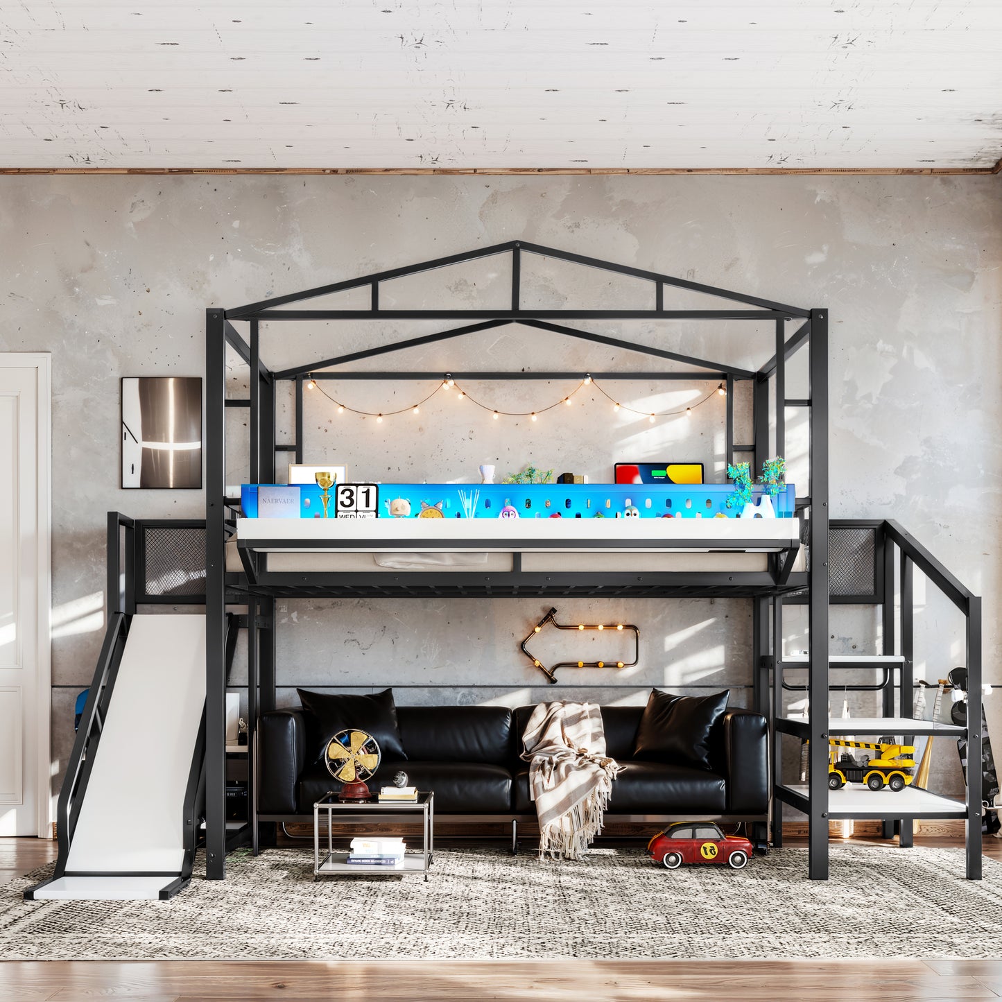 Full Size Metal Loft Bed with Storage Stairs, USB Ports & LED Lights - Black