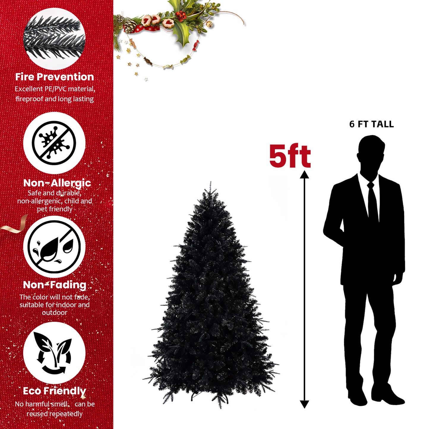 Prelit Black Christmas Tree with White Lights - Multiple Heights