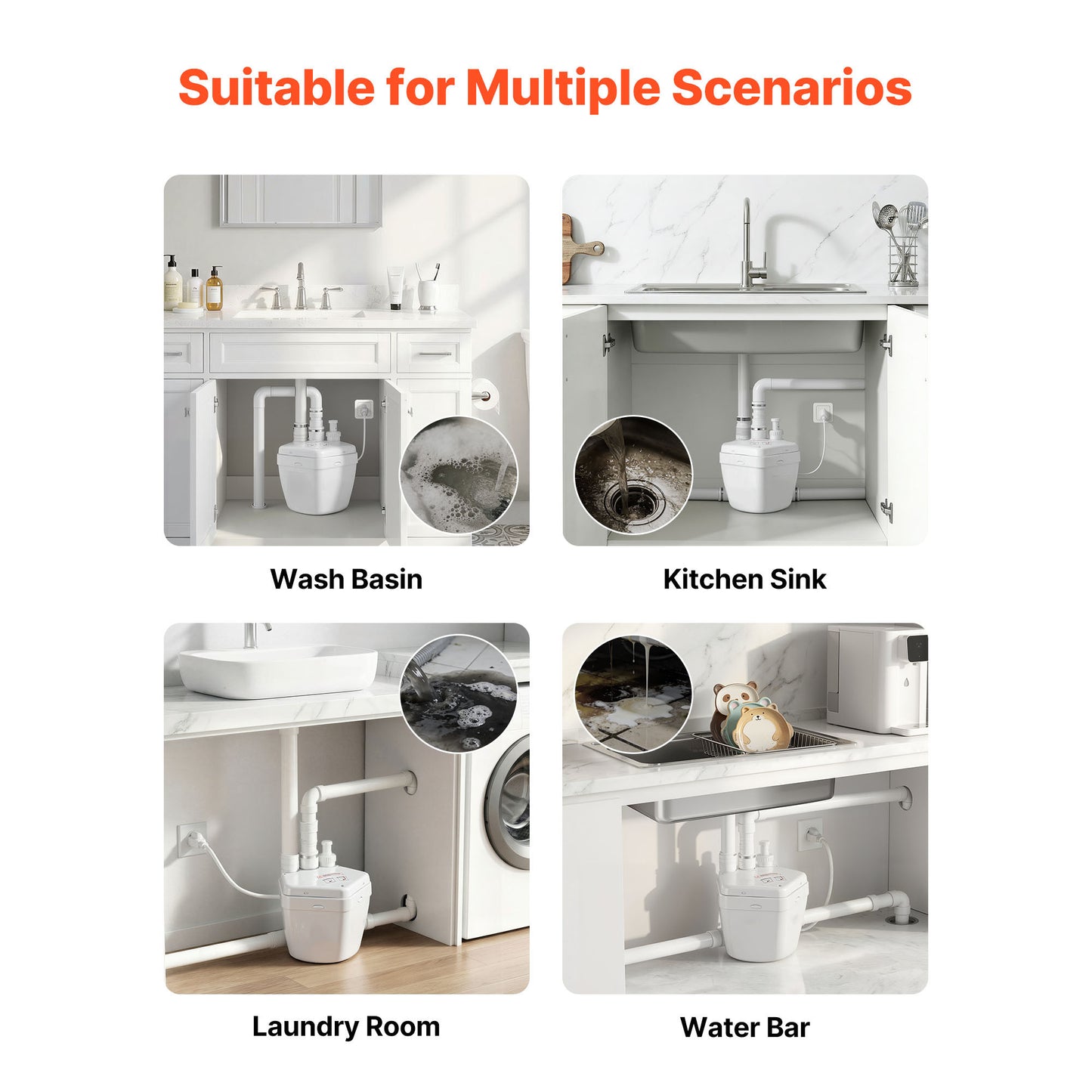 Utility Sink Pump 1 HP 2200 GPH Under Sink Macerating System with Water Inlets