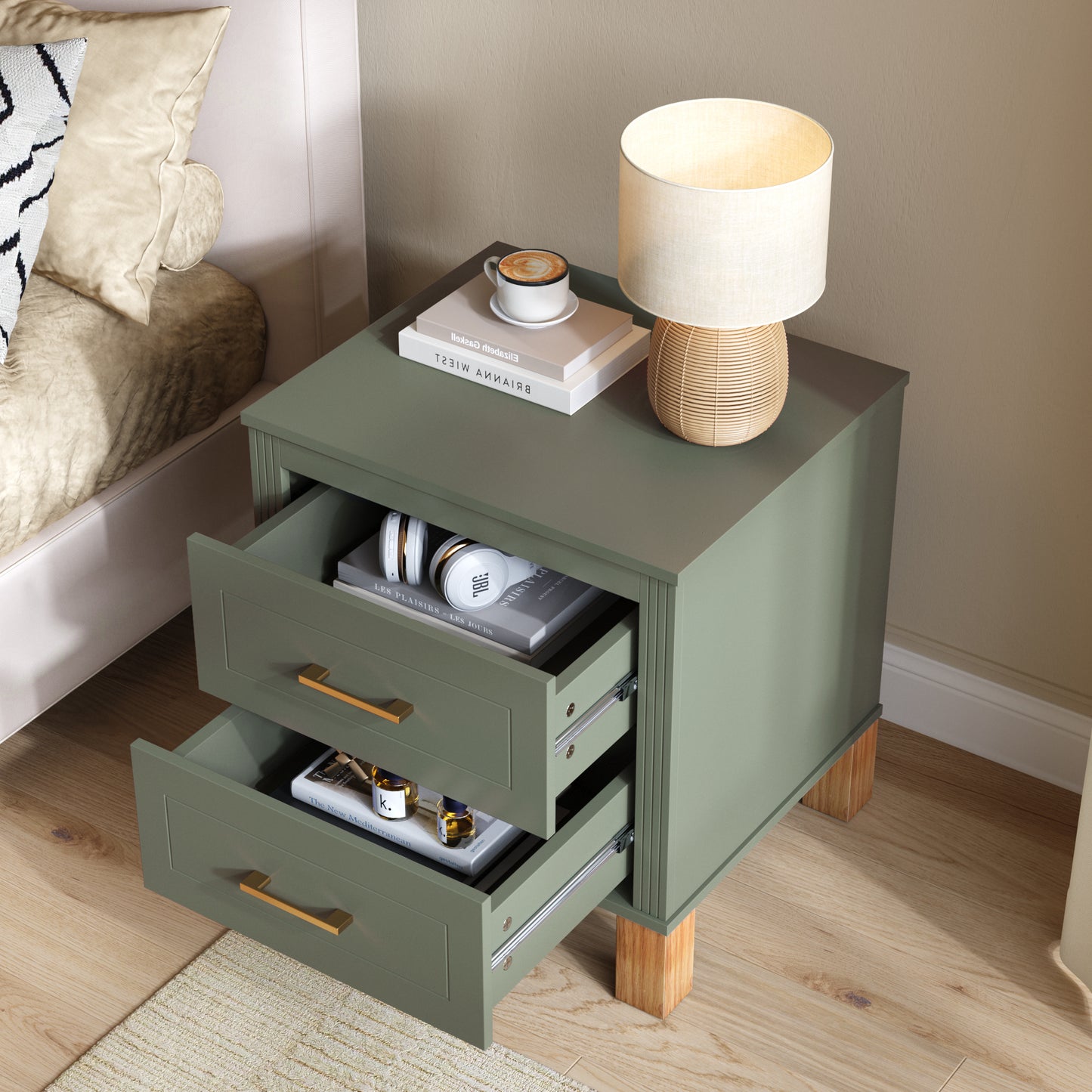 2 Drawer Nightstand - Premium Wood Storage with Fluted Design, Olive