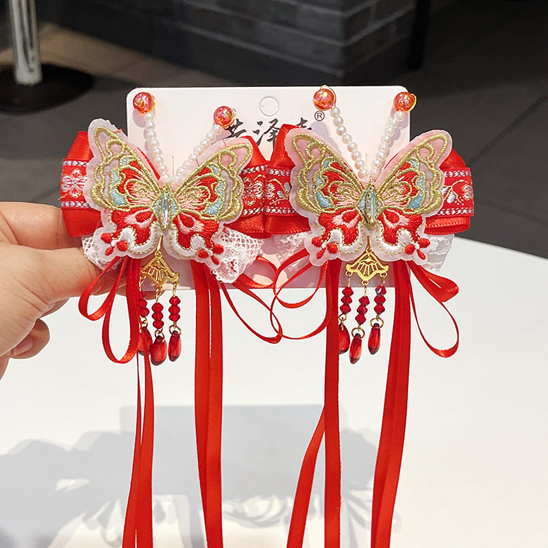 Children's Chinese-Style Red Flower Hair Clip with Pearls